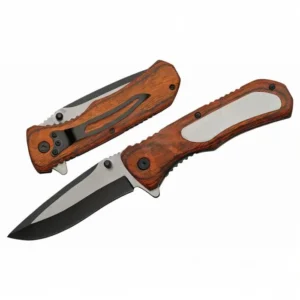 Side-by-side comparison of the wood handle pocket knife in both fully open and safely closed positions.