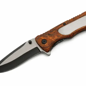 A tactical folding knife with a brown wood grain handle and a sharp two-tone black and silver drop point blade.