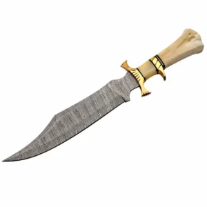 10-inch hand-forged Damascus steel blade featuring a genuine camel bone handle and brass guard.