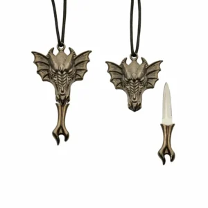 Stainless steel dragon head neck knife in sheathed position showing detailed alloy scales.