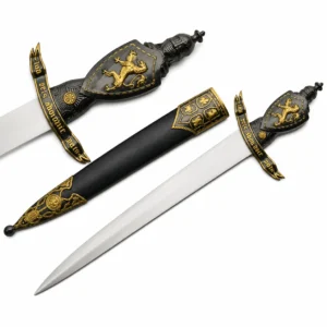 Lion Crusader Dagger with stainless steel blade and gold heraldic hilt.