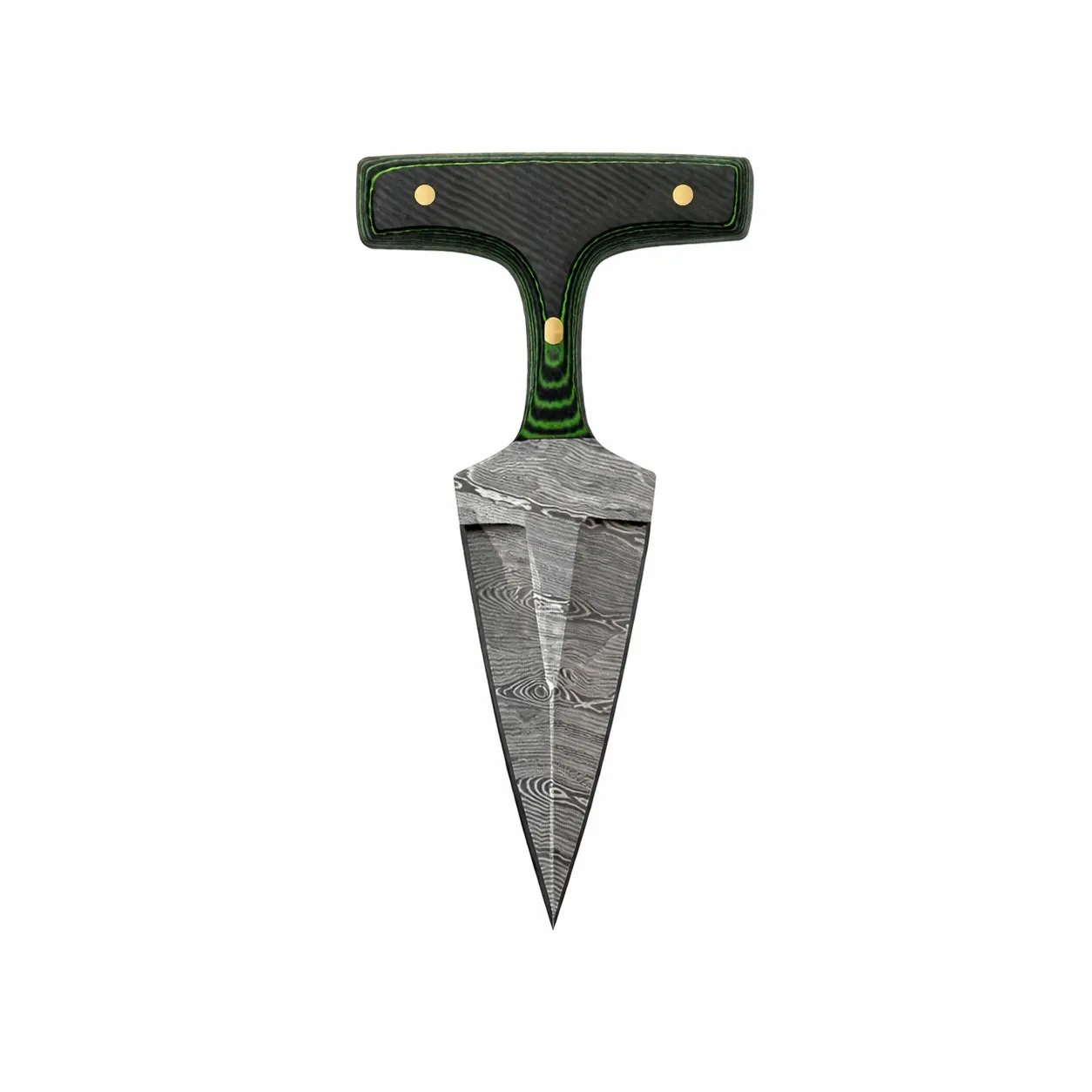 micarta-handle-brass-pins-texture Textured green and black micarta handle with brass pins.