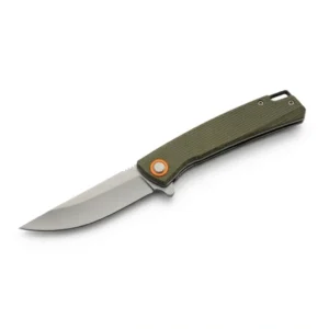 Side profile of the green micarta folding knife with its satin finish D2 steel blade deployed.