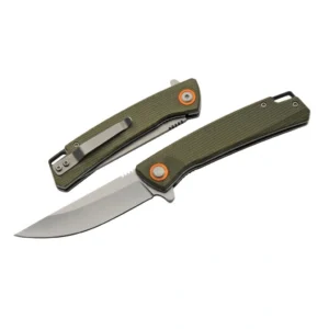 D2 steel green micarta folding knife shown in both open and closed positions for comparison.
