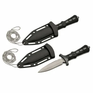 Gray Star stainless steel neck knife with black rubberized handle and ABS sheath.