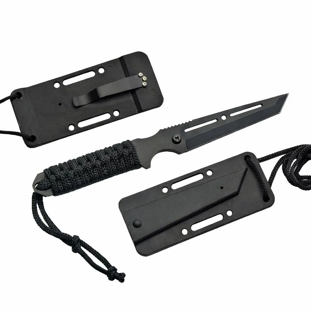 slick-sniper-tanto-fixed-blade-knife Black stainless steel tanto fixed blade knife with cord wrapped handle.