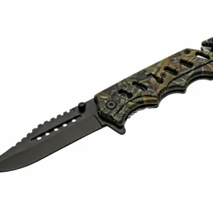 Assisted opening camo folding knife with black serrated blade open.