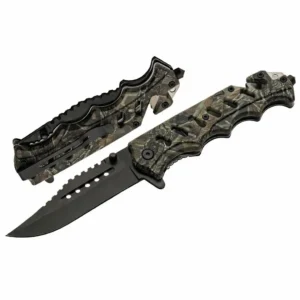 An open black-bladed knife and a closed camo-handled tactical folding knife
