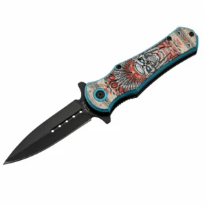 An open liner lock knife featuring a 3.5 inch black stainless steel spear point blade and an ornate skull headdress handle.