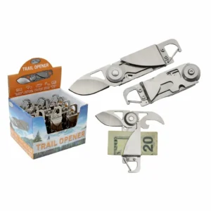 Stainless steel folding money clip knife with blade deployed and currency.
