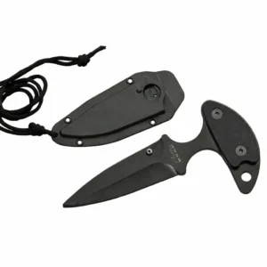 G10 handle neck dagger with black blade and nylon neck sheath.