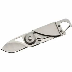 Side view of a compact stainless steel Trail Opener folding knife featuring a built-in carabiner clip and bottle opener.