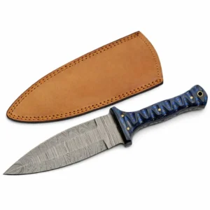 Damascus spear point fixed blade with smokewood handle and leather sheath.