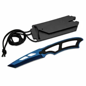 Blue tanto fixed blade neck knife with black hard sheath and lanyard.