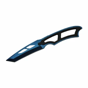 Close up of the blue 420 stainless steel tanto blade with cutouts.