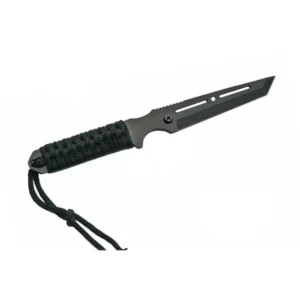 Detail view of black stainless steel tanto blade with cut-outs.