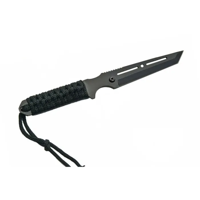 tanto-blade-profile-detail Detail view of black stainless steel tanto blade with cut-outs.