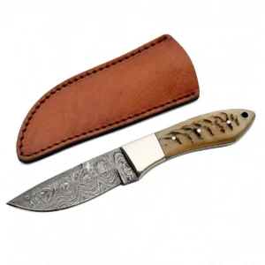 Set view of the ram horn Damascus steel hunter knife and its protective leather sheath.