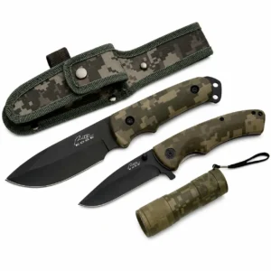 Stainless steel fixed blade and folding knife set in digital camo pattern.