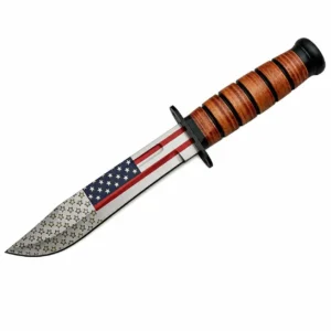 Stainless steel fixed blade combat knife with US flag etching and brown leather handle.