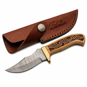 Damascus steel hunting knife with intricate Celtic knot wood handle and brass guard.
