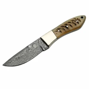 8-inch Ram Horn Damascus hunter knife featuring a hand-forged blade and nickel silver bolster.