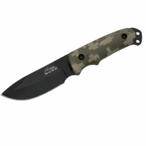 Close up of black coated drop point hunting blade with camo handle.