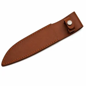 Hand-stitched premium brown leather sheath with reinforced snap closure for a fixed blade combat knife.
