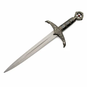 Close up of the pewter-finished guard and pommel on a Medieval Lord’s Dagger.