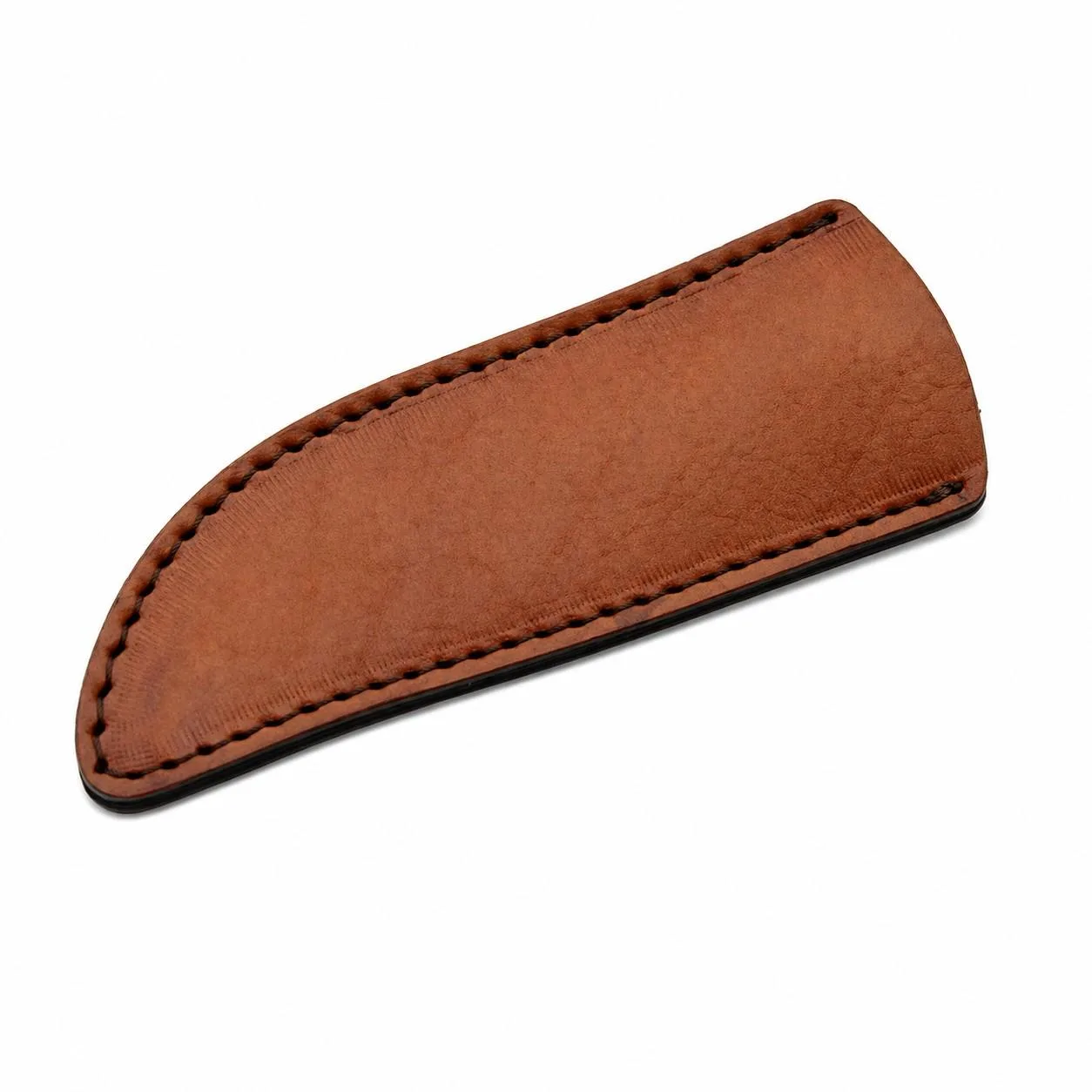 premium-leather-hunter-knife-sheath. Hand-stitched brown leather sheath for an 8-inch Damascus hunting knife.