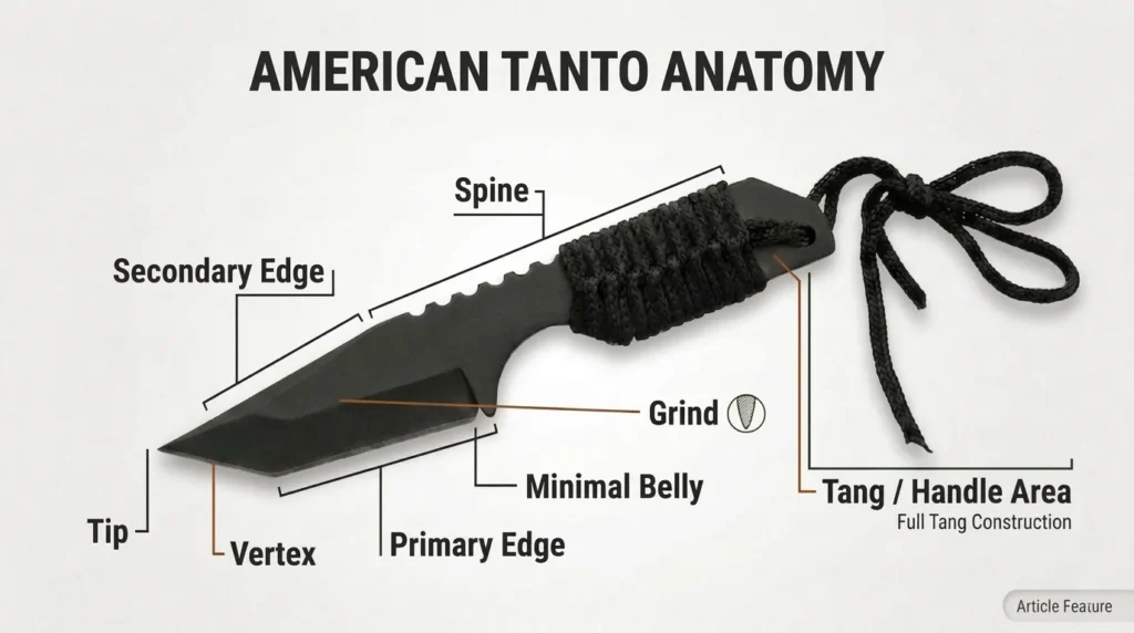 American tanto knife anatomy diagram showing the primary edge, secondary edge, vertex, tip, spine, grind, minimal belly, and full tang handle area