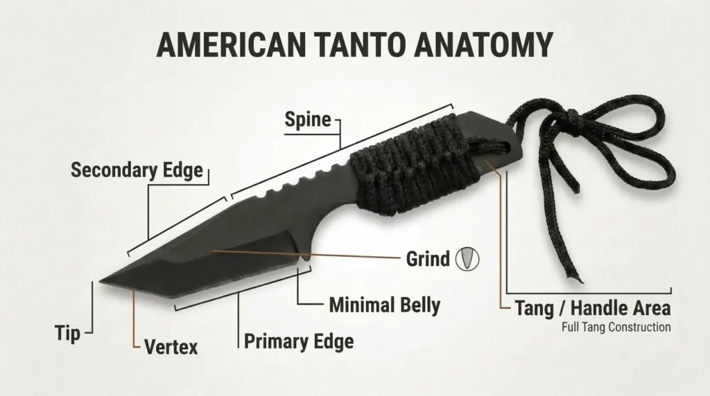 American Tanto knife anatomy diagram showing blade parts including tip, secondary edge, spine, grind, primary edge, minimal belly, and full tang handle construction on a tactical fixed blade knife.
