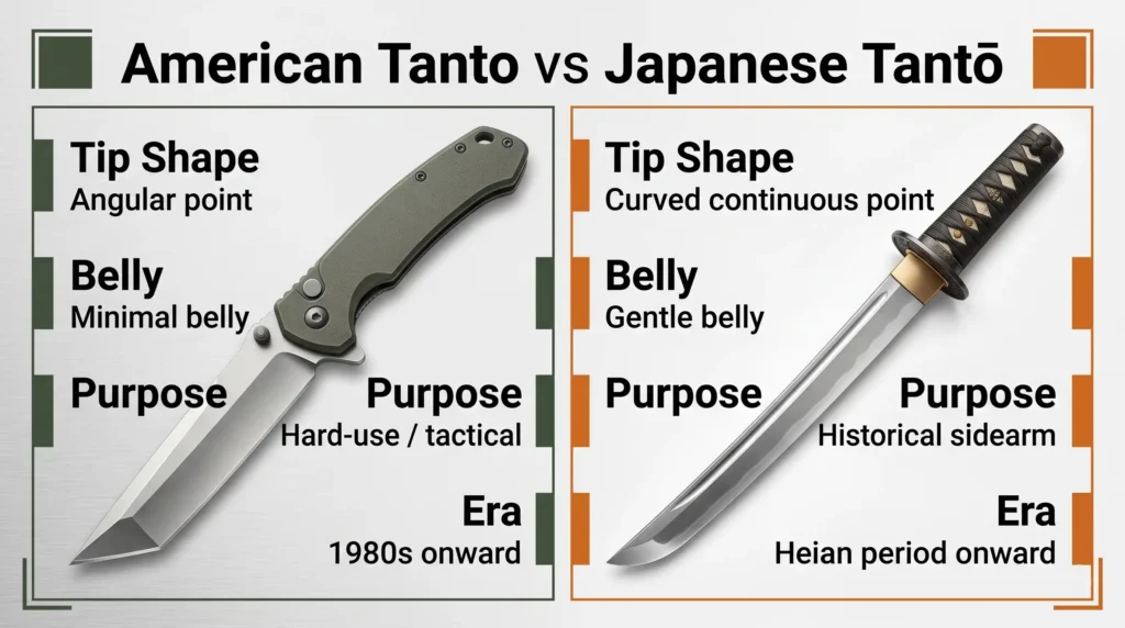 American tanto vs Japanese tanto comparison showing angular point, minimal belly, hard-use purpose, curved continuous point, gentle belly, and historical sidearm purpose