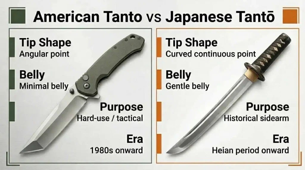 Comparison infographic of American Tanto vs Japanese Tantō knives highlighting differences in tip shape, blade belly, tactical use, historical purpose, and blade design evolution.