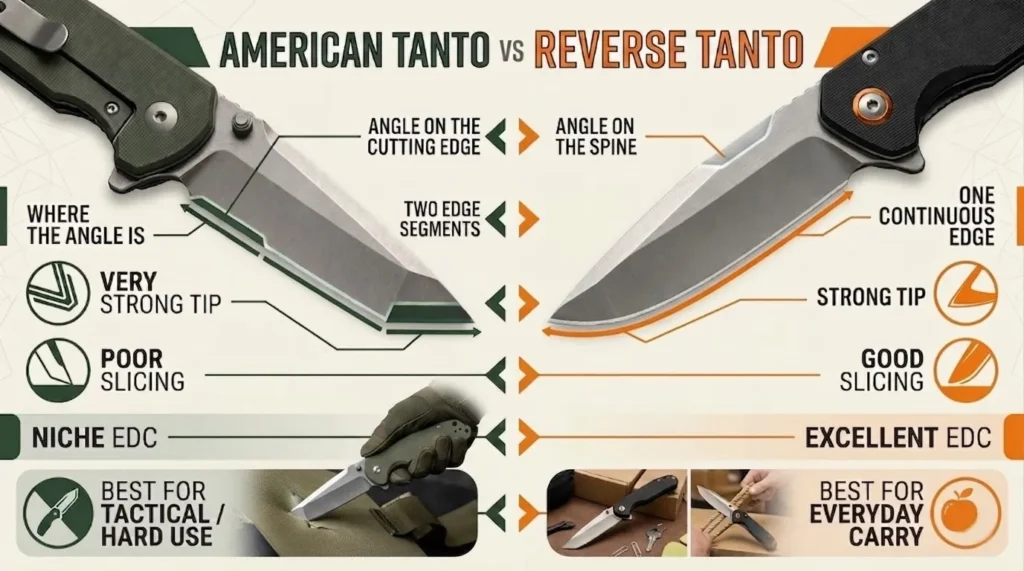 American tanto vs reverse tanto comparison showing cutting edge angle, spine angle, tip strength, slicing performance, tactical use, and everyday carry suitability