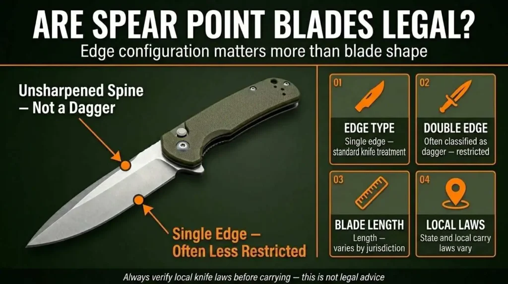 Spear point blade legality infographic explaining single edge knife laws, unsharpened spine design, blade length restrictions, edge configuration, and local carry laws for legal spear point folding knives.