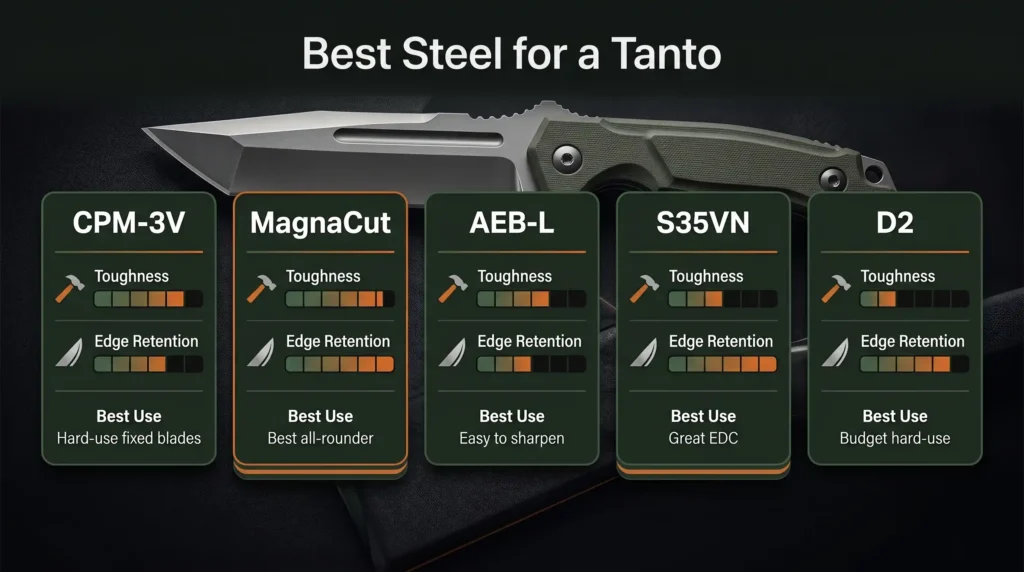 Best steel for a tanto knife comparison showing CPM-3V, MagnaCut, AEB-L, S35VN, and D2 with toughness, edge retention, and best use ratings