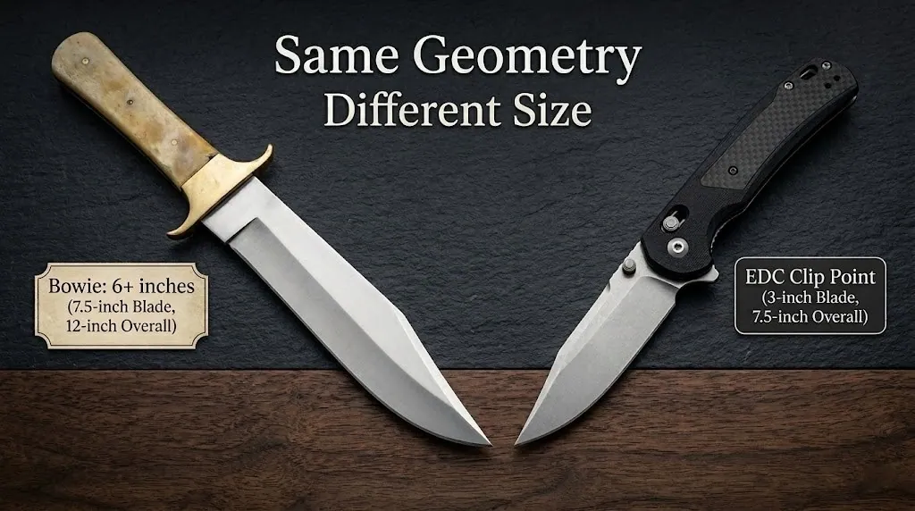 Bowie clip point knife next to a smaller EDC clip point folder showing the same blade geometry at different sizes.
