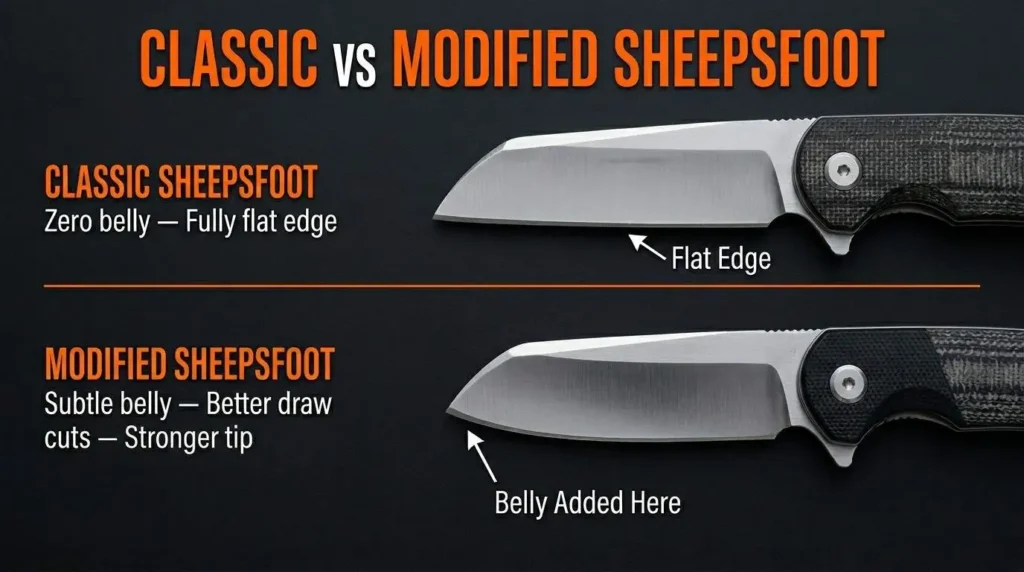 Side-by-side comparison infographic of classic vs modified sheepsfoot knife blades showing flat edge geometry, added belly curve, and cutting performance differences.