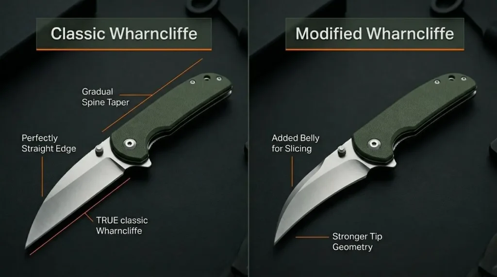 Comparison infographic of classic and modified Wharncliffe knife blades showing straight edge geometry, spine taper, slicing belly, and stronger tip design.