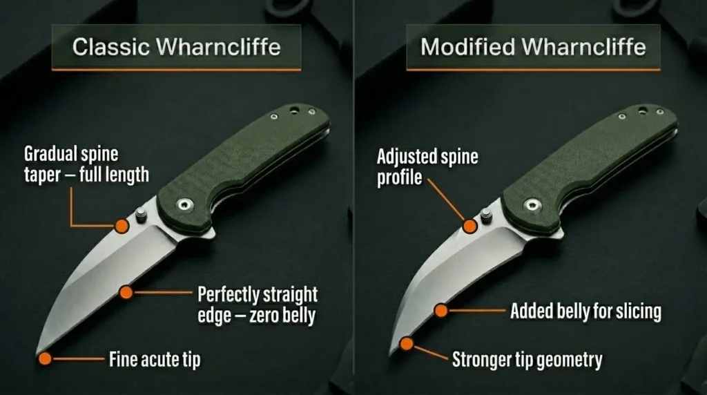 Classic vs modified Wharncliffe blade comparison infographic showing gradual spine taper, straight edge geometry, fine acute tip, adjusted spine profile, added belly for slicing, and stronger tip design on folding knives.