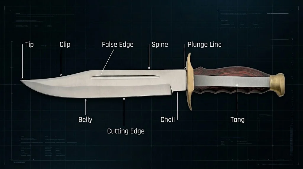 Anatomy diagram of a clip point knife labeling the tip, clip, false edge, spine, plunge line, belly, cutting edge, choil, and tang.