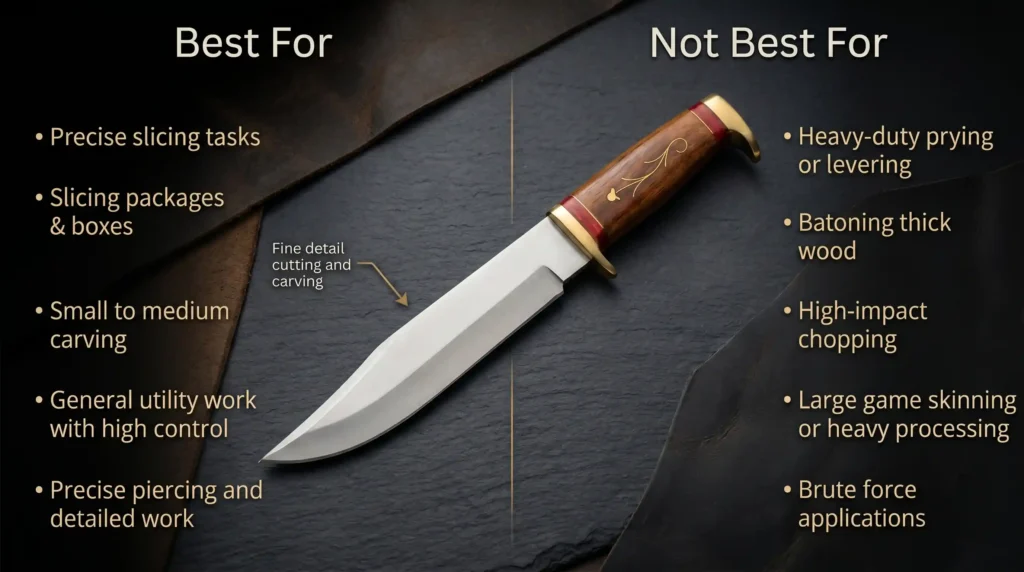 Comparison chart of what a clip point knife is best for versus tasks it is not suited for.
