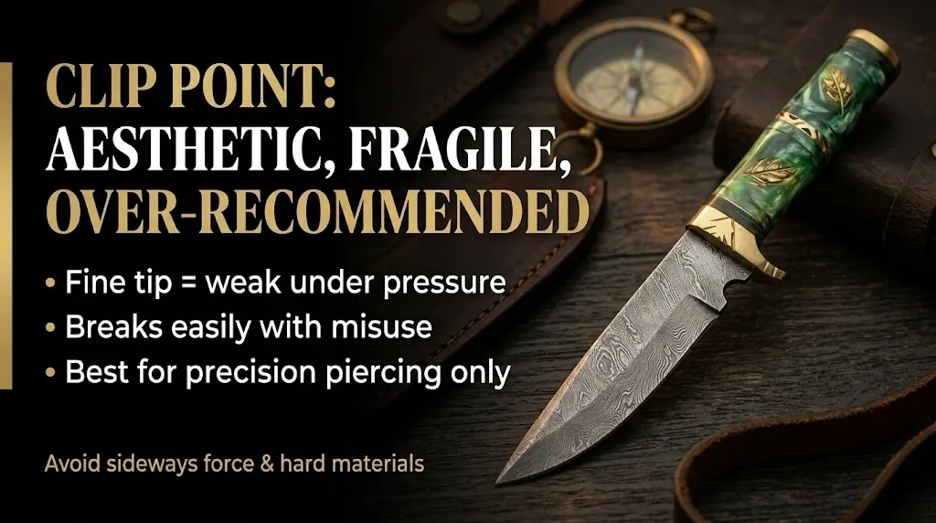 Clip point knife blade shape with Damascus steel and green resin handle showing fine tip weaknesses and best use cases