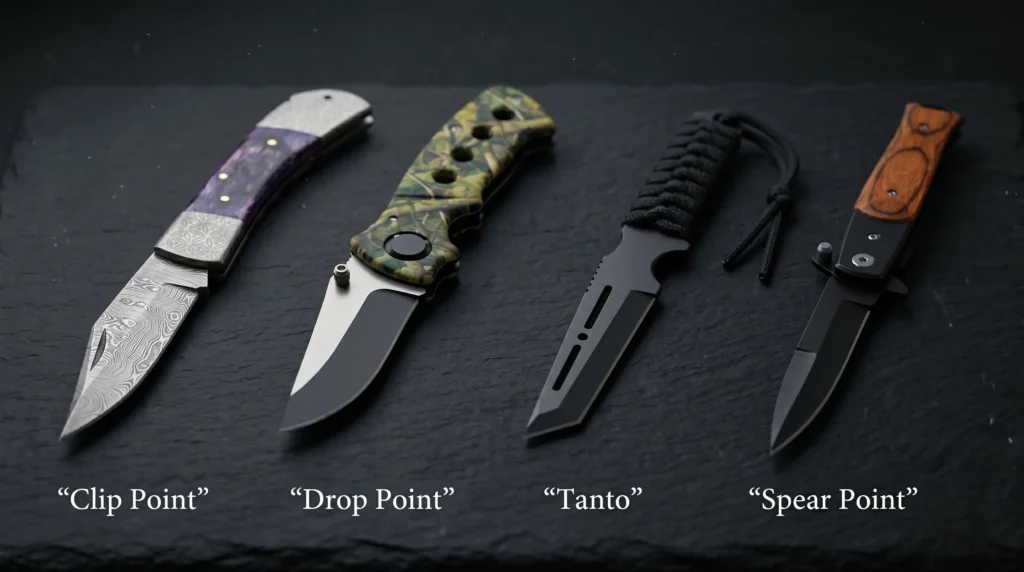 Four folding knives side by side comparing clip point, drop point, tanto, and spear point blade shapes.