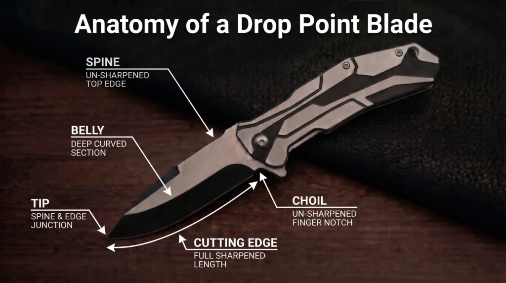 Anatomy diagram of a drop point blade labeling the spine, belly, tip, cutting edge, and choil.
