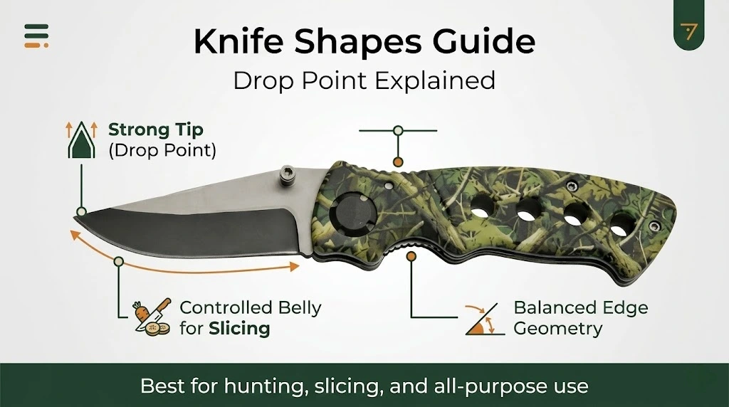 Annotated diagram of a drop point knife blade shape showing strong tip, controlled belly for slicing, and balanced edge geometry