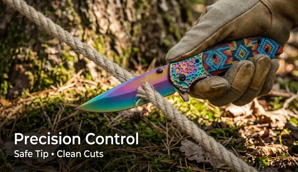 Gloved hand using a drop point folding knife to slice through rope outdoors.