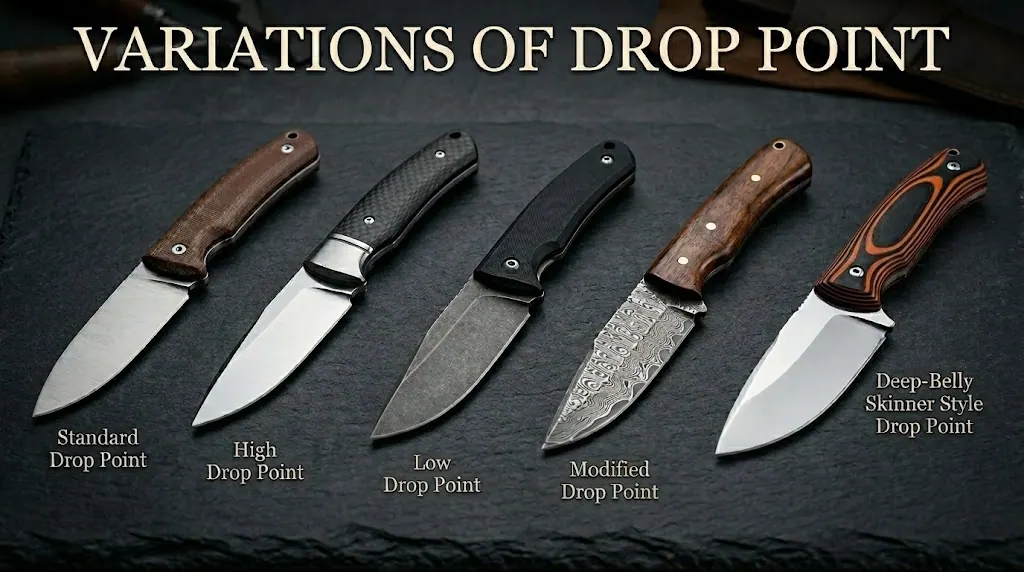 Five drop point knife variations side by side: standard, high, low, modified, and deep-belly skinner profiles.