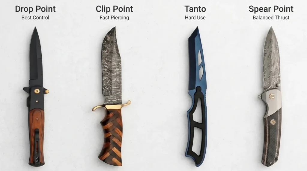 Side-by-side comparison of drop point, clip point, tanto, and spear point blade shapes with their best-use labels.